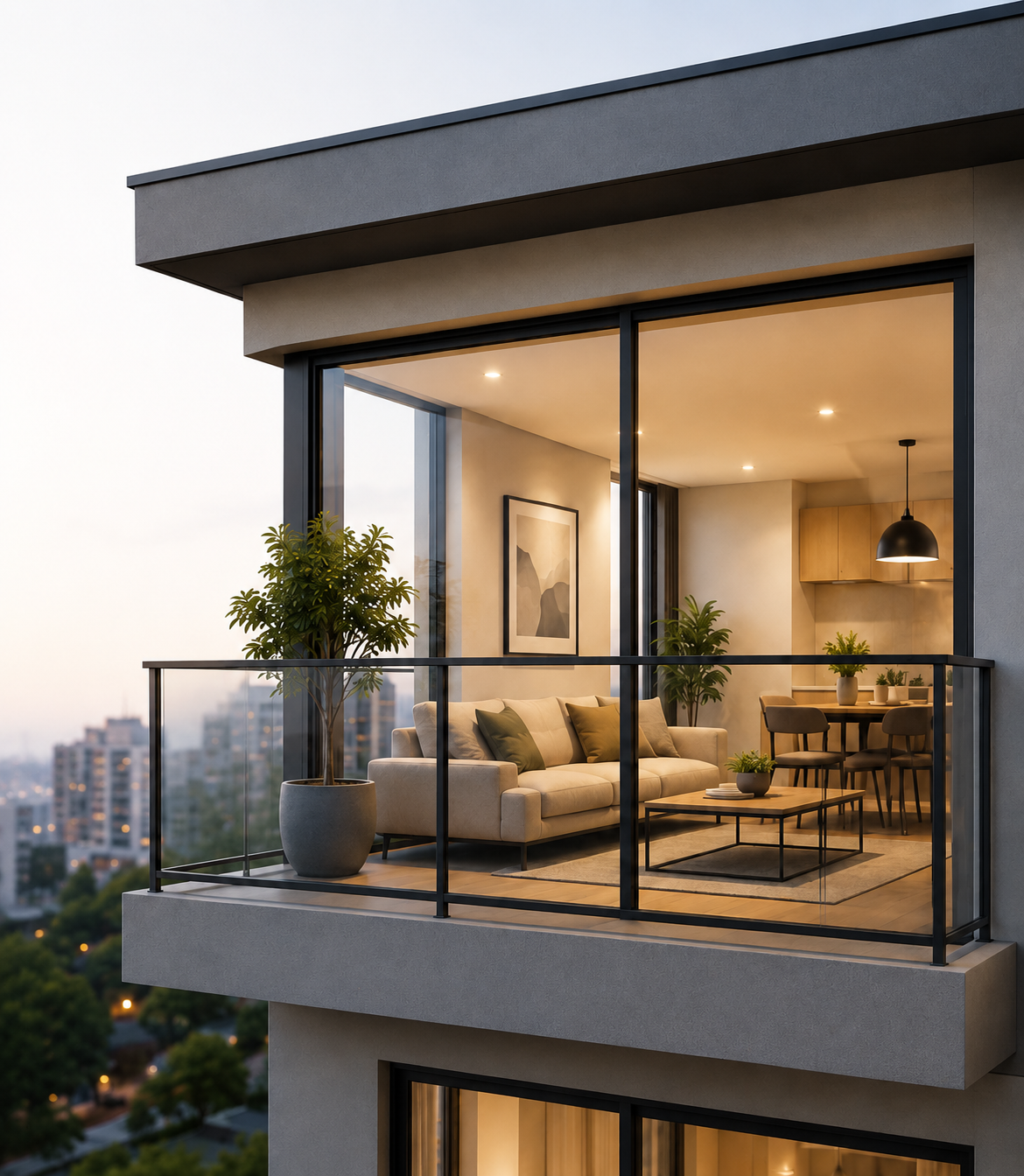 A modern home at dusk, seen from the balcony looking into a lit living room